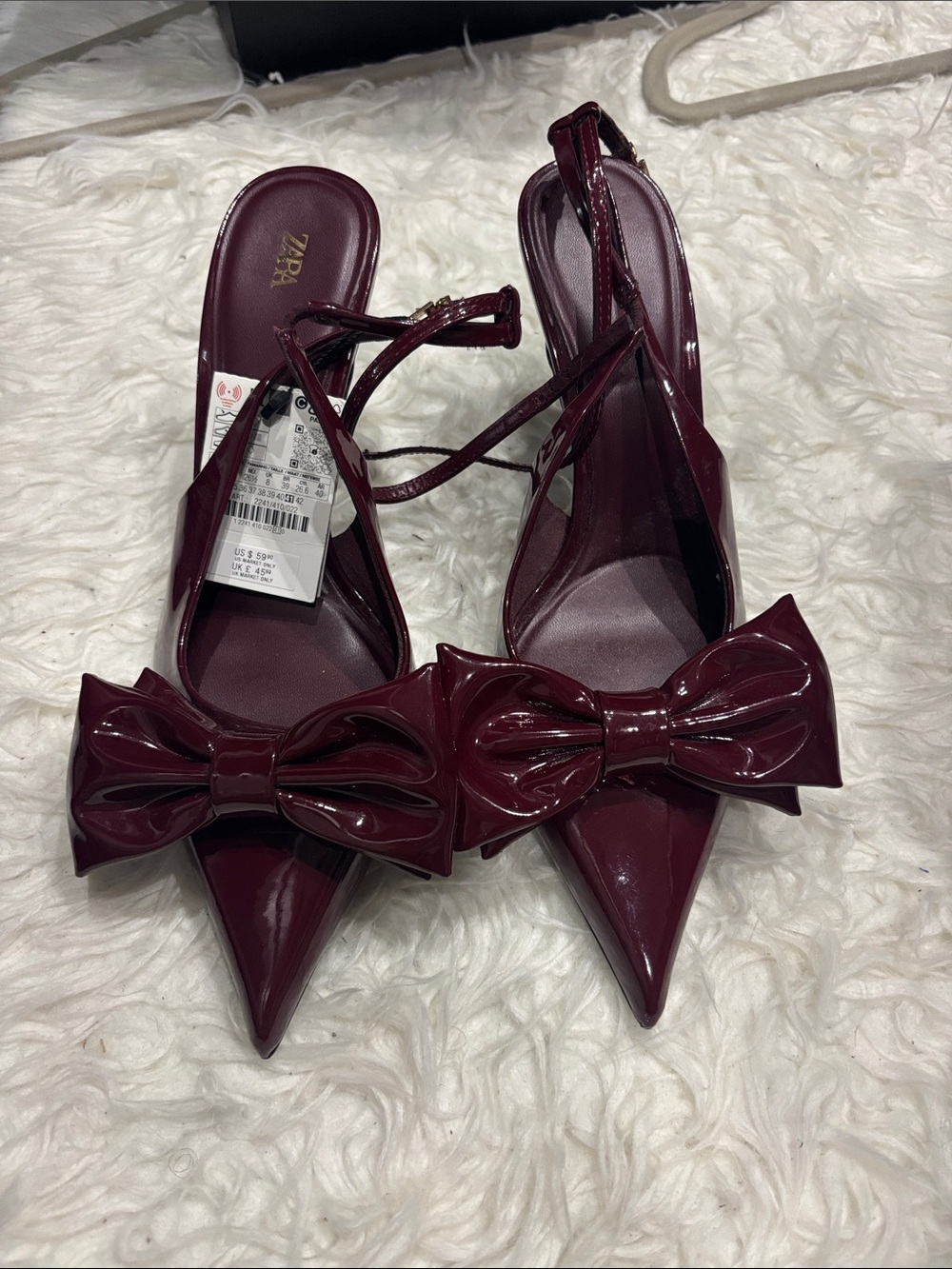 BNWT Zara Wine Patent Pointed Slingback Pumps with Decorative Bow